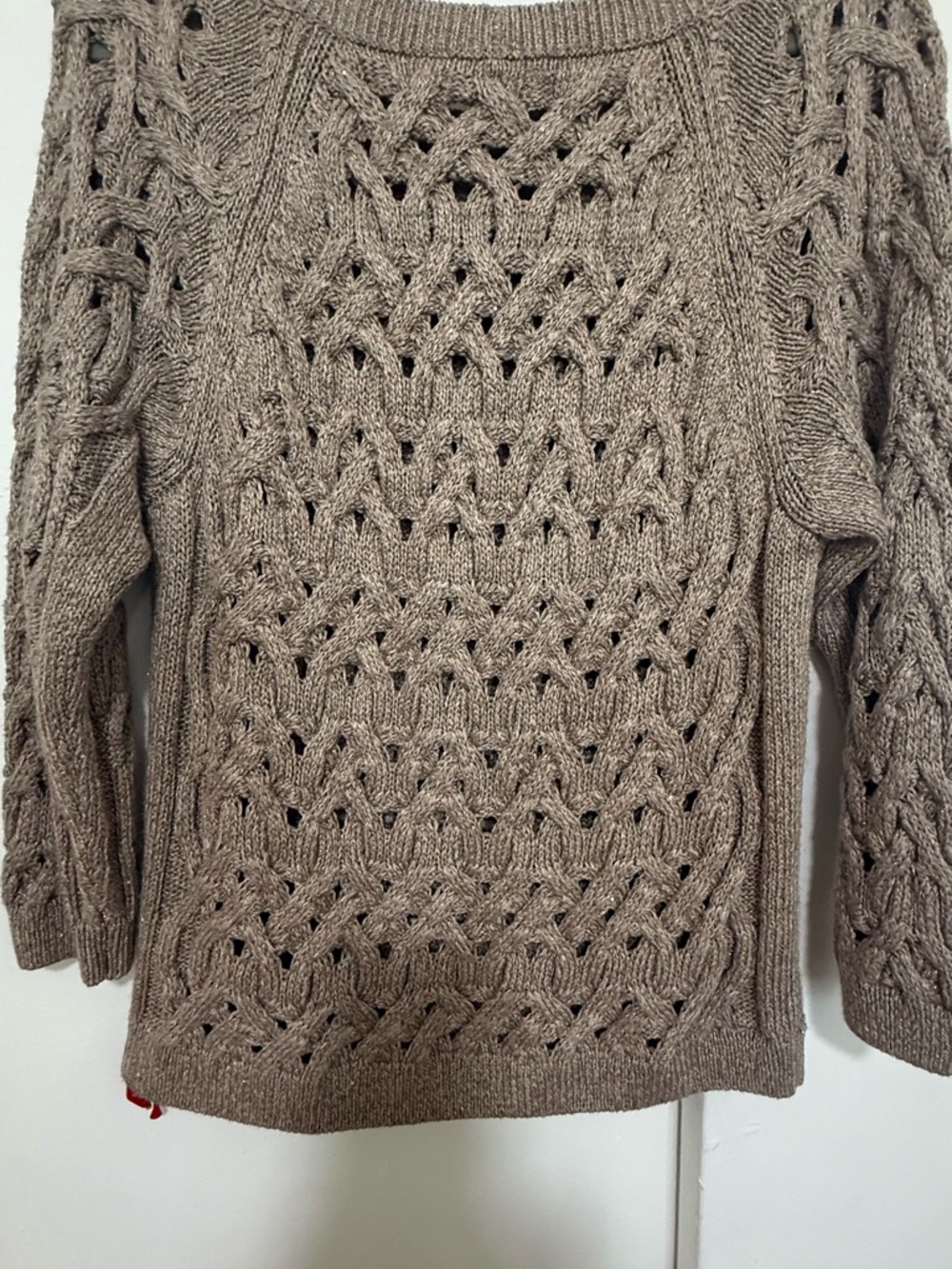 Lafayette 148 New York Taupe Openwork Cable Crewneck Sweater